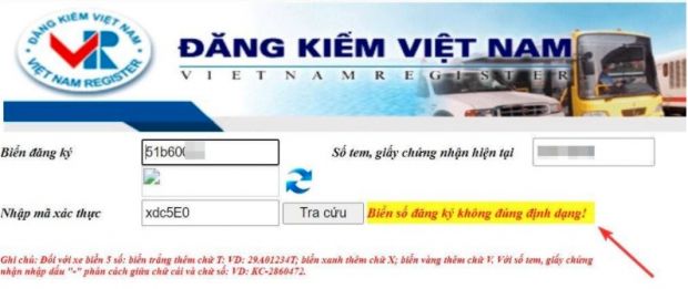 Biển số đăng ký không đúng định dạng