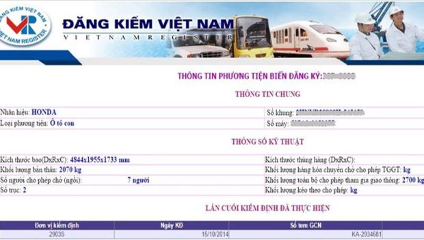 Các thông số liên quan đến phương tiện đăng ký sẽ được hiển thị