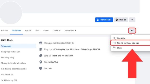 Nhấn vào dấu 3 chấm, chọn mục Tìm hỗ trợ hoặc báo cáo
