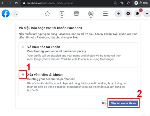 Xóa vĩnh viễn tài khoản và nhấn tiếp vào Tiếp tục xóa tài khoản.
