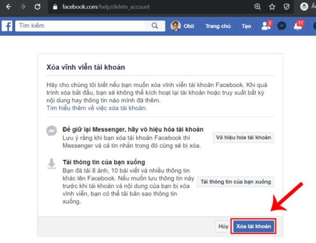 Chọn Xóa tài khoản