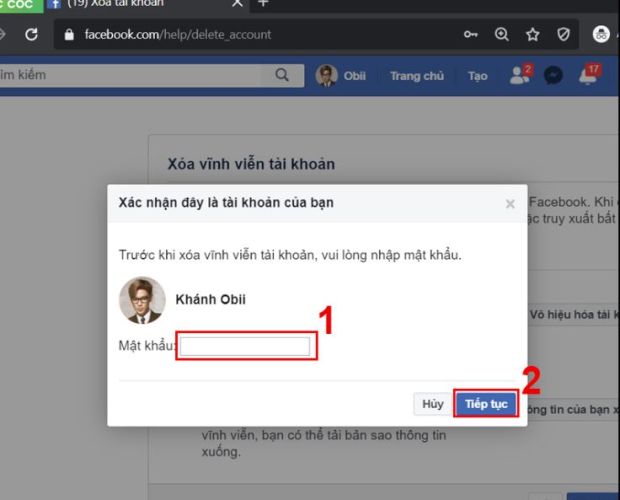 Nhập mật khẩu Facebook > Chọn Tiếp tục
