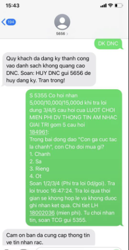 phản ánh tin nhắn, cuộc gọi rác