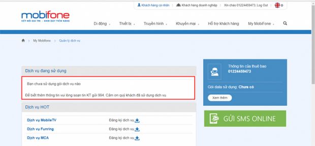 Kiểm tra các gói dịch vụ của mobifone bằng website