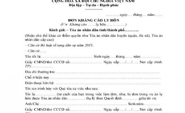 Mẫu đơn kháng cáo ly hôn
