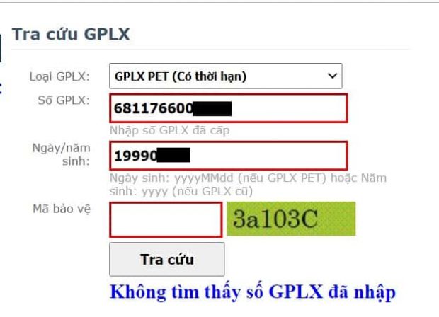 không tìm thấy thông tin GPLX