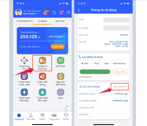 Kiểm tra gói cước, dịch vụ 4G, GTGT Vinaphone qua app My VNPT