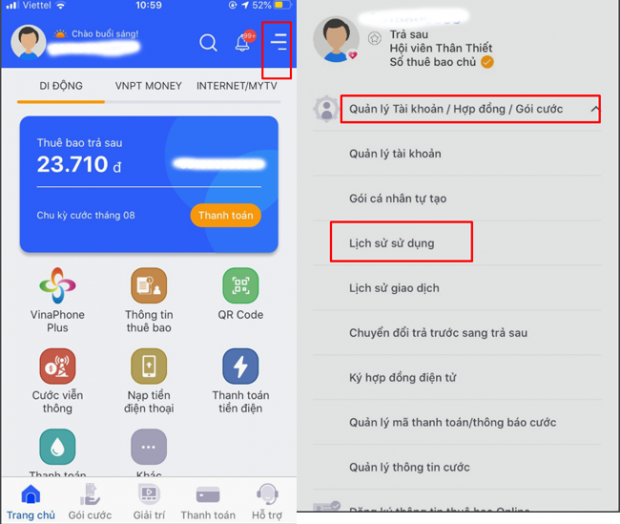 Kiểm tra lịch sử tin nhắn qua app My VNPT