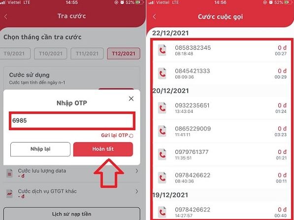 Thông tin kiểm tra lịch sử cuộc gọi sẽ được hiển thị rõ ràng