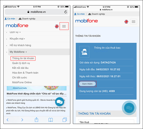 Thông tin được cung cấp bao gồm gói data, dung lượng data còn lại, ngày bắt đầu và ngày kết thúc