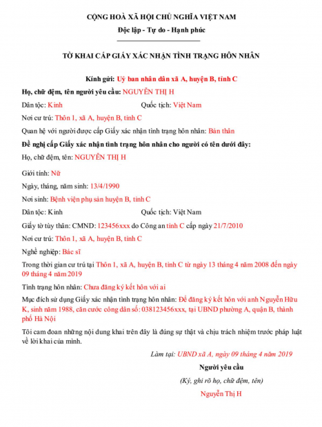 Tờ khai xin giấy xác nhận ly hôn